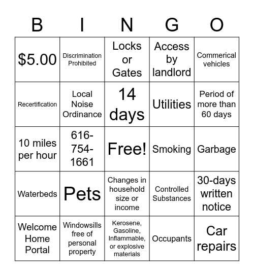 Greenbriar Apartments Lease Information Bingo Card