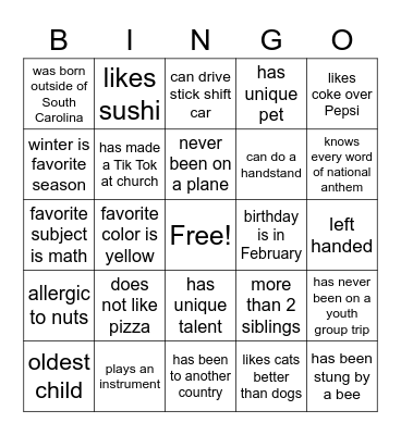 youth group bingo Card