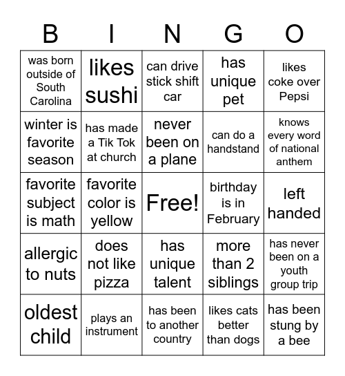 youth group bingo Card