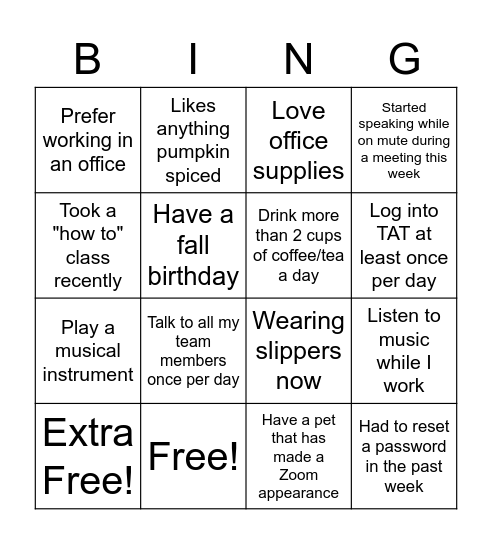 TA Coordinators' BING! Bingo Card