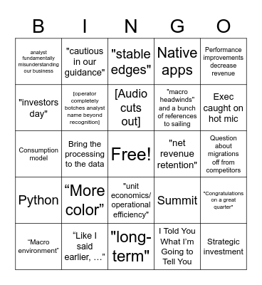 Earnings Call Bingo Card