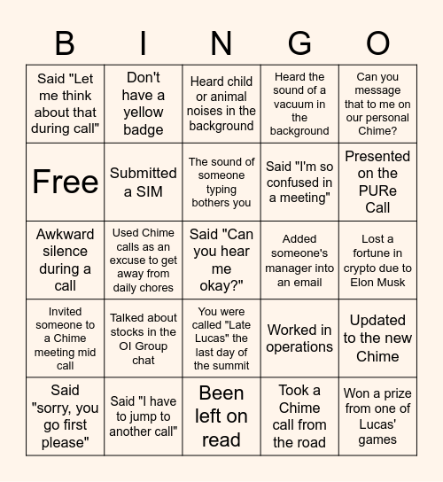 OI Work From Home Bingo Card