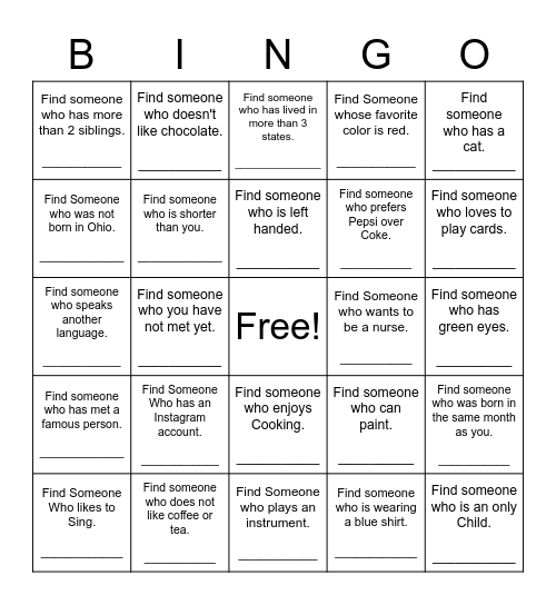 Find Someone Who Bingo Card