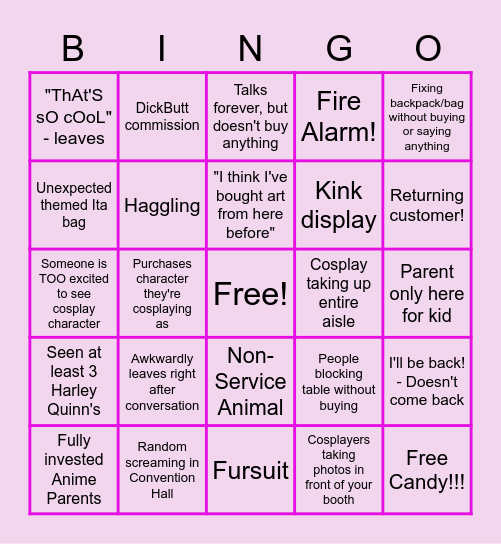 Anime Convention Bingo Card