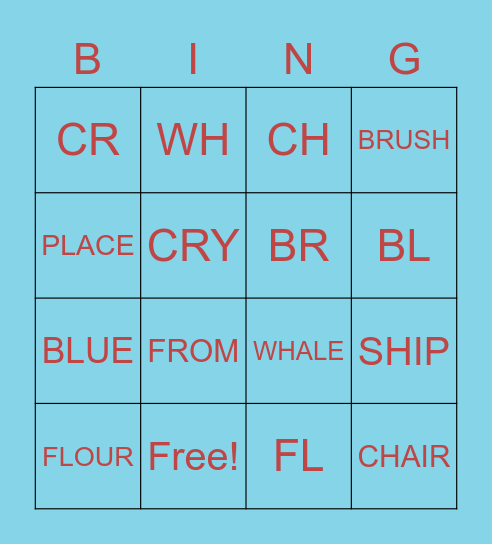 WORDS WITH BLENDS Bingo Card