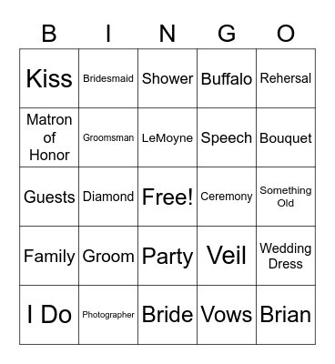 Sydney's Bridal Shower Bingo Card