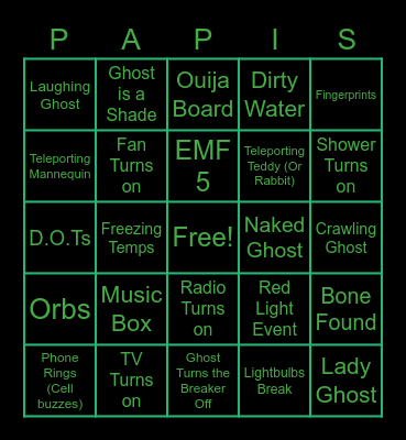 Phasmophobia Bingo Card