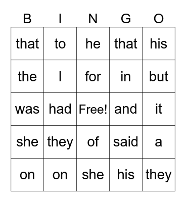 Sight Words Bingo Card
