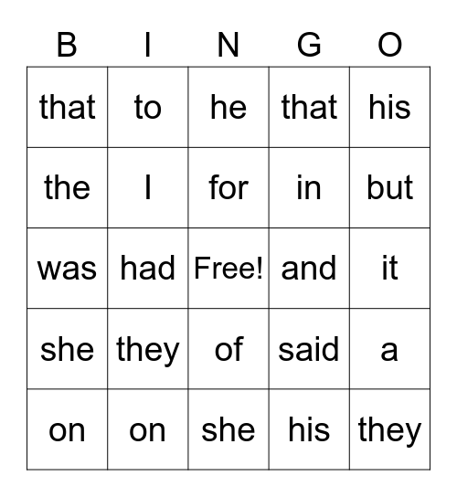 Sight Words Bingo Card