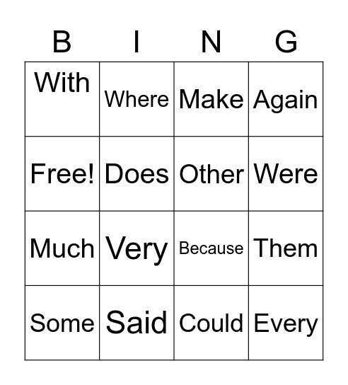 Word Bing Bingo Card