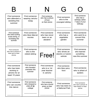Welcome Back JHS Staff! Bingo Card