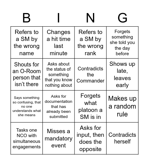1SG Bingo Card