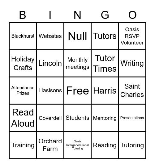St. Charles Oasis 25th Bingo Card