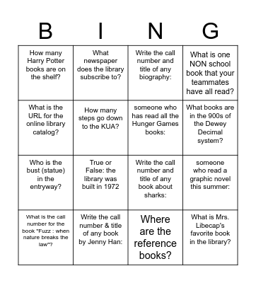 Library Helpers Scavenger Hunt Bingo Card