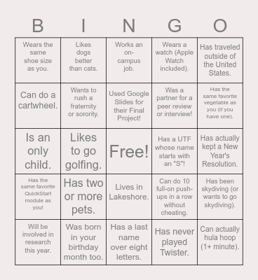 CALS QuickStart Bingo Card