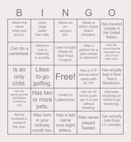 CALS QuickStart Bingo Card