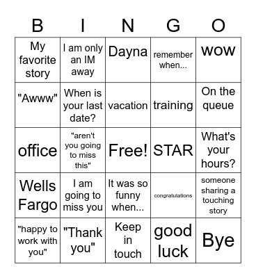 Dayna's Farewell Party Bingo Card