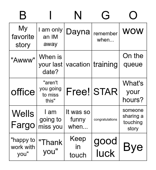 Dayna's Farewell Party Bingo Card