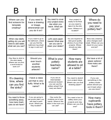 Pottery Room Bingo Card