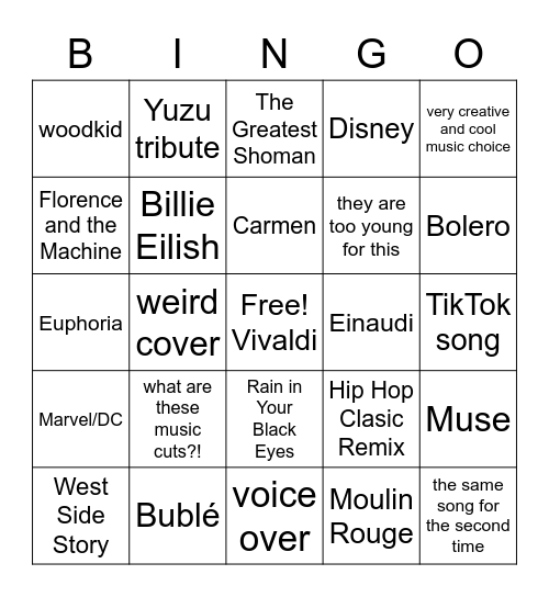 JGP Music Bingo Card