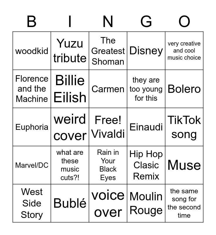 JGP Music Bingo Card