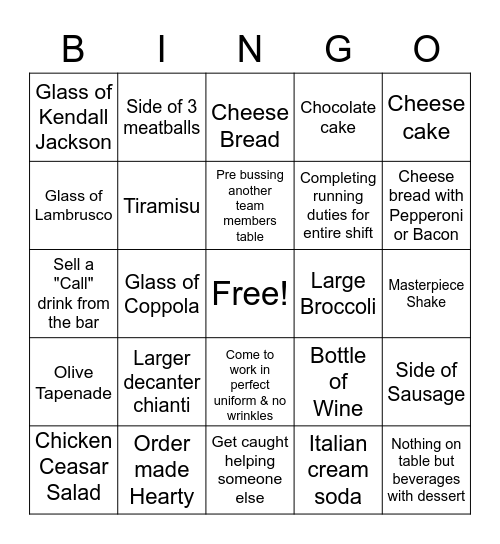 SPAGO Bingo Card