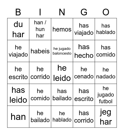 Presens Perfektum Bingo Card