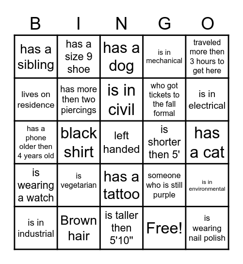 O-Week Bingo Card