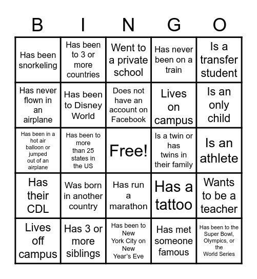 Transpo Bingo Card