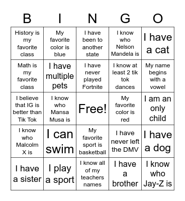 Get to Know ME Bingo Card