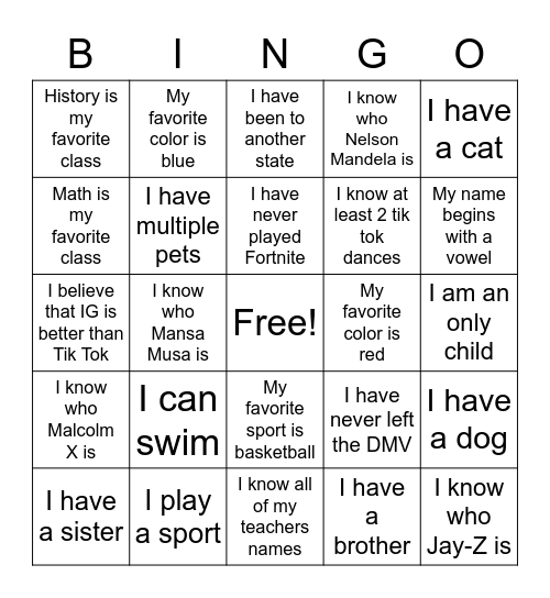 Get to Know ME Bingo Card