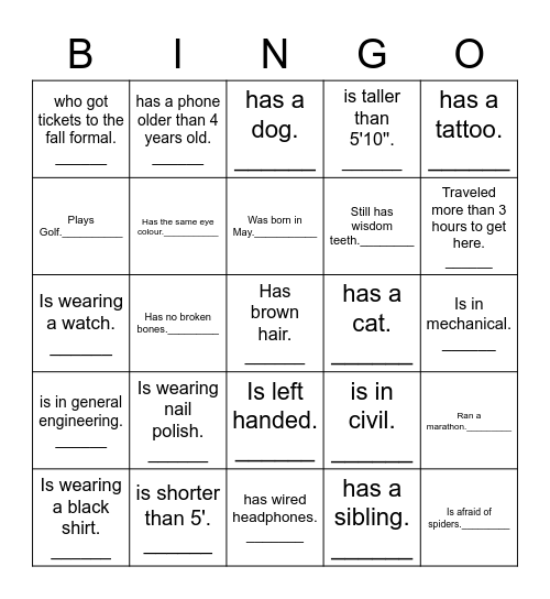O-week 2022 Bingo Card