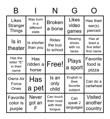 Classroom Bingo Card
