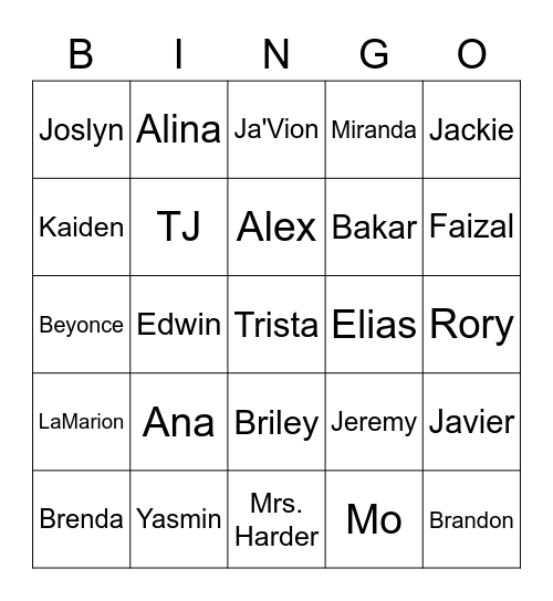 1B Name Bingo Card