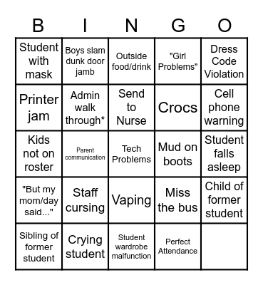 FIRST DAY OF SCHOOL Bingo Card