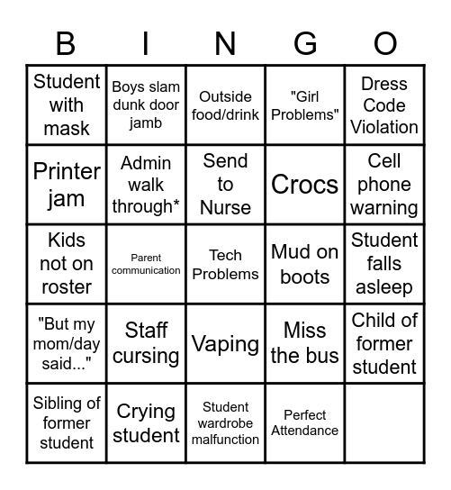 FIRST DAY OF SCHOOL Bingo Card
