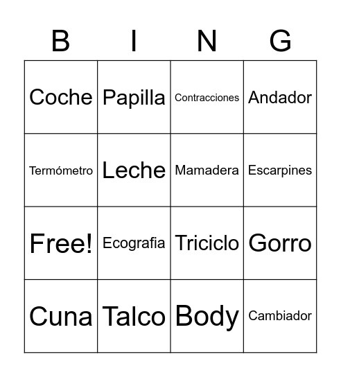 Baby Shower Bingo Card