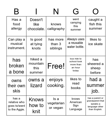 Getting to know you Bingo Card