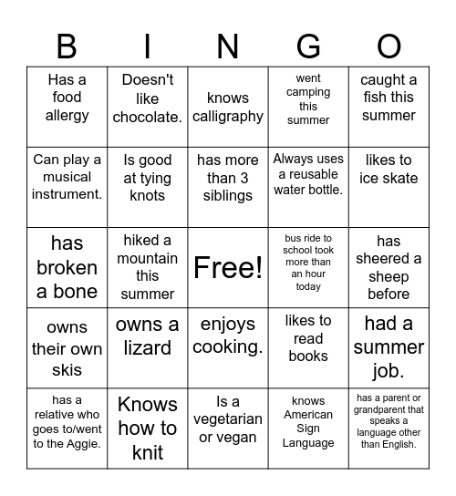 Getting to know you Bingo Card