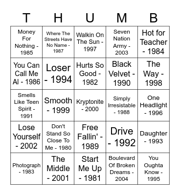 25 Years Of Rock Bingo Card