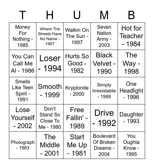 25 Years Of Rock Bingo Card