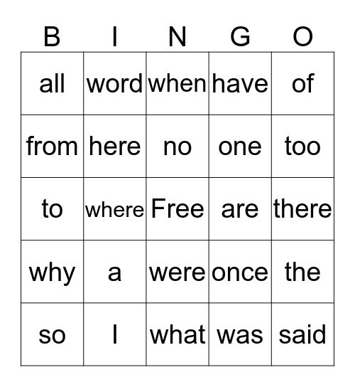 Tricky Word Bingo Card