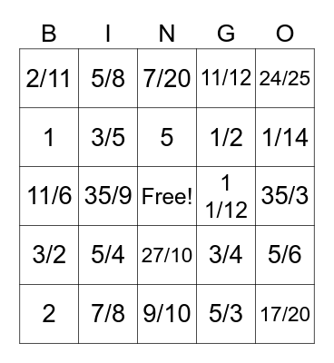 Fraction Bingo Card