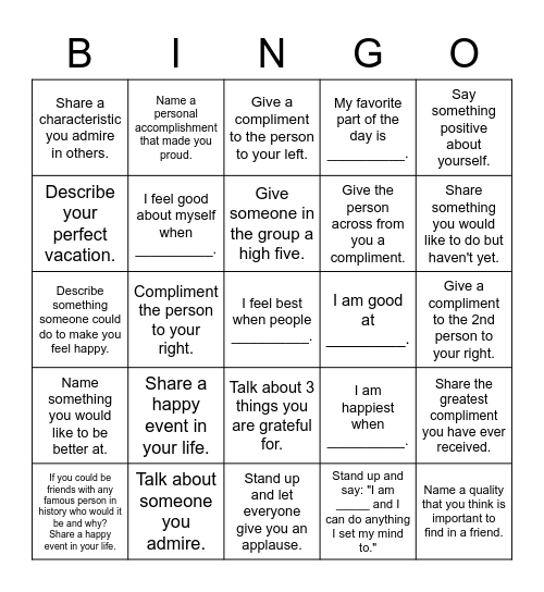 Self-Esteem Bingo Card