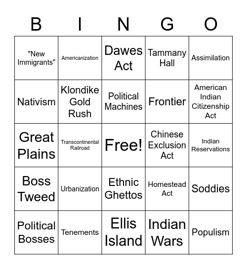 Immigration and the West Bingo Card
