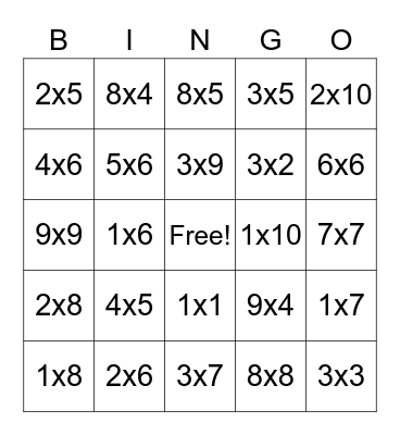 Multiplication Bingo Card
