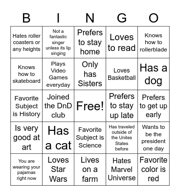 Getting to Know You Bingo Card