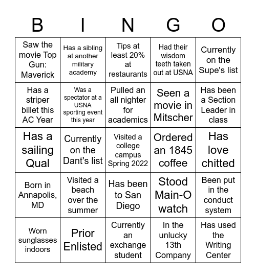 USNA Bingo!! Bingo Card