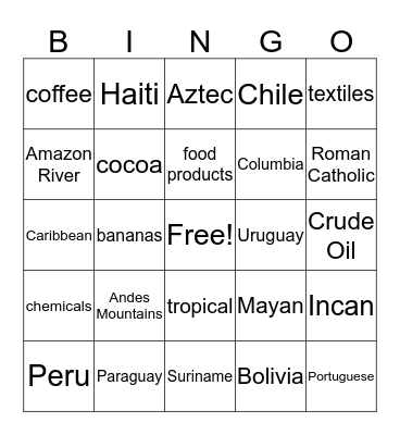 Latin America Bingo! Bingo Card