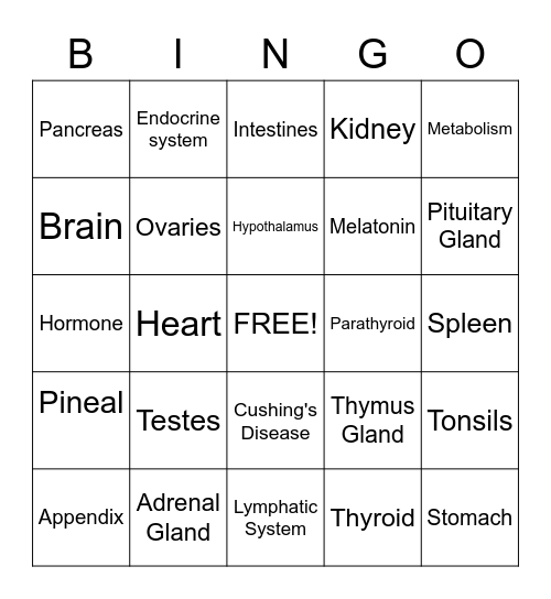 Endocrine and Lymphatic System Bingo Card